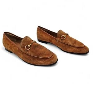 Gucci Jordaan Horsebit Flat Slip On Loafer Brown Suede Gold Size 37.5 US 7.5